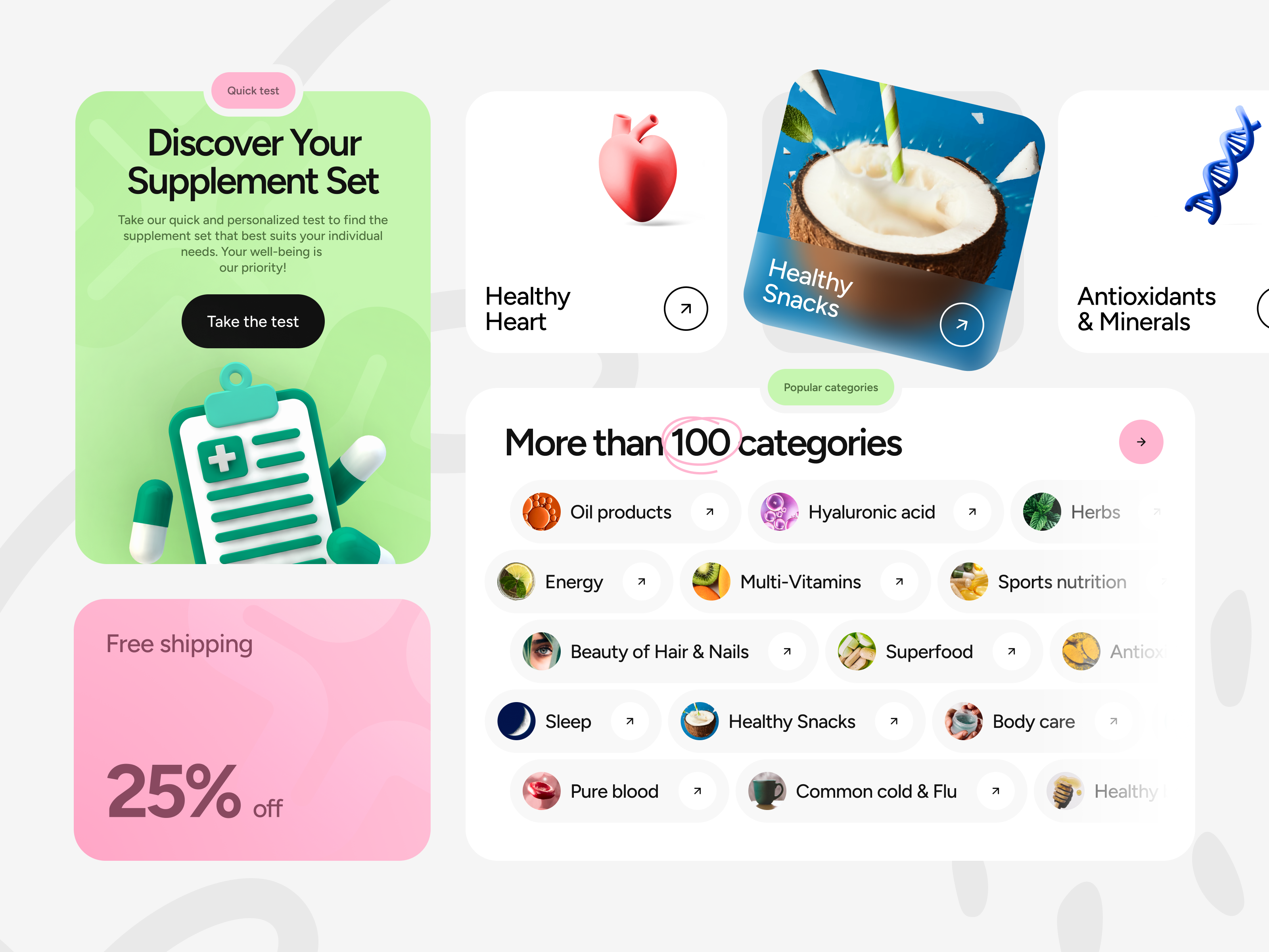 Healthcare service elements concept 3d bento blender cards concept design elements figma graphics green grey health healthcare illustration pink supplement typography ui ux web