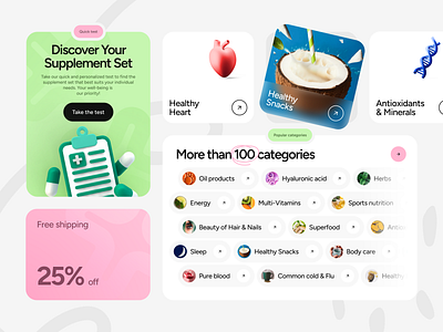 Healthcare service elements concept 3d bento blender cards concept design elements figma graphics green grey health healthcare illustration pink supplement typography ui ux web