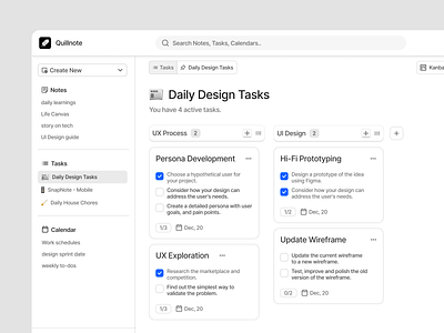 Quillnote - Task Kanban View app column component dashboard data design system figma kanban modal navbar page platform rows sidebar table task ui ui design ui kit widget