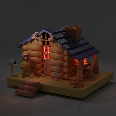 Bear and his house 3d illustration patataschool