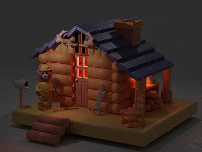 Bear and his house 3d illustration patataschool