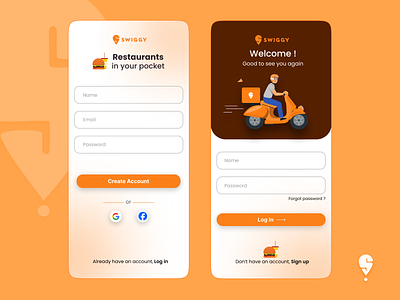 Sign Up and Log In Screen log in screen sign up screen swiggy