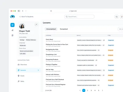 Leap XR. Educational platform for kids with special needs. app dashboard design education learning lessons pupils remote studying school simple skills special needs student information students studying teachers ui ux virtual reality vr