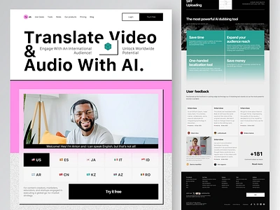 AI Video Translator - Website ai video translator artificial intelligence audio dictionary english eps google landing page language machine learning neural network play ps translate ui ux video voice web website