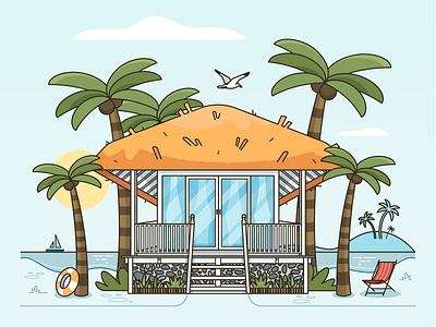 Beach Hut beach boat character coconut drawing flat home house hut illustration landscape ocean palm tree sand seagull sun tropical ui ux vector