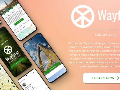 Wayfarer - Crafting Journeys, Connecting Souls booking app clean content design graphic design illustration logo mobile app design mockup travel app travel guide traveling trip app trip planner ui trip ux