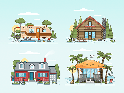 Home Collection beach hut campsite cat dog drawing flat home house illustration landscape log cabin motorhome ocean palm trees pinecone racoon seagull ui ux vector