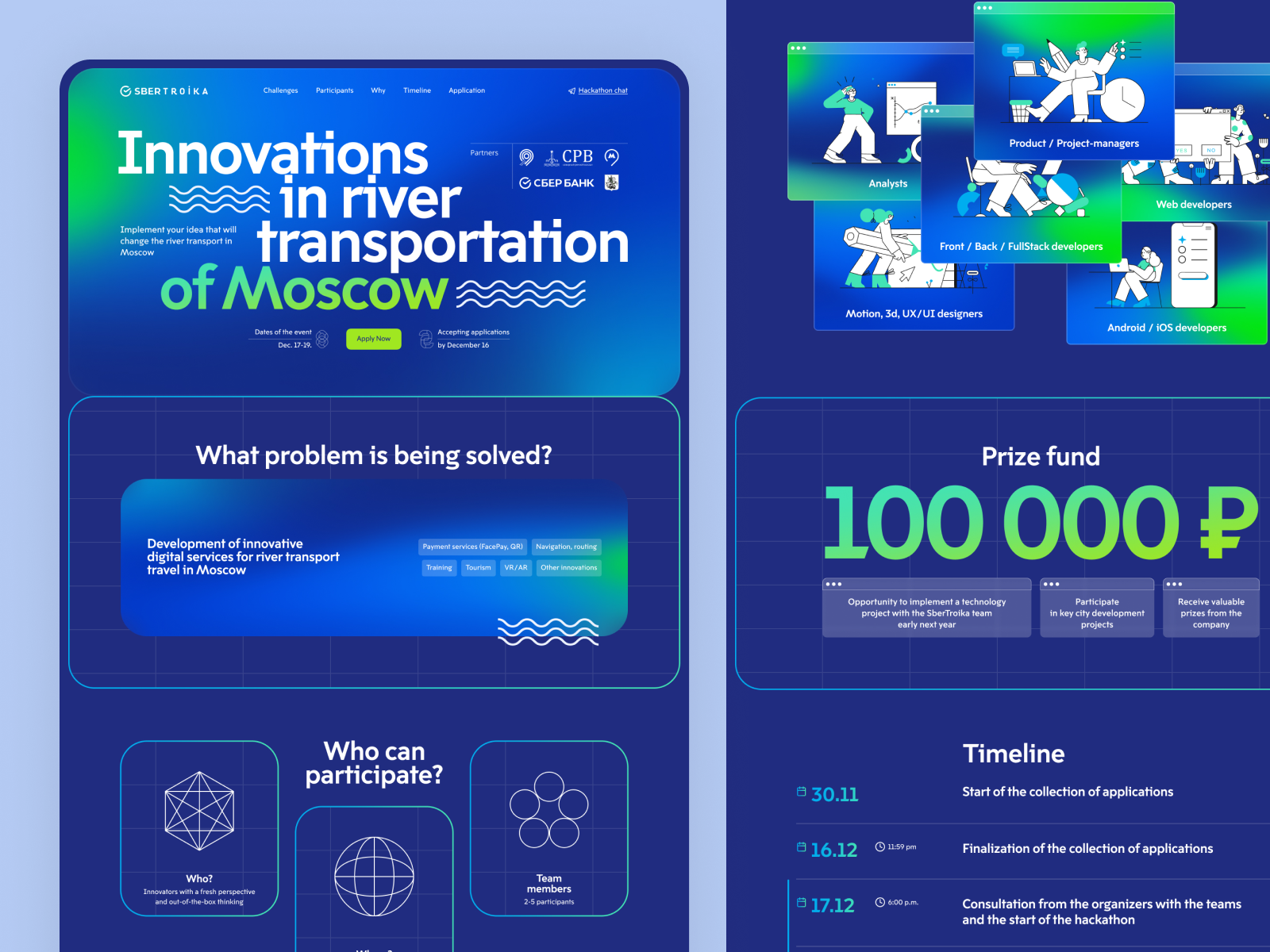 Hackathon website, urban river transportation technologies blue city design desktop gradient hackathon innovations landing startup tech transportation ui urban vibrant website