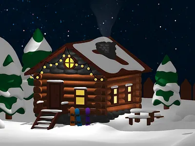 Hut in the woods 3d animation forest hut illustration snow snowboard spline winter