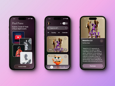 Pixel Purse - NFT Marketplace app UI Design daily design challenge daily ui challenge ui ui design ui ux user experience user interface ux design