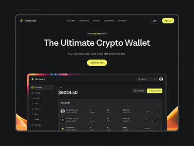 Home Page — CoinGuard clean dark mode clean design crypto landing page crypto wallet crypto wallet website dark landing page dark mode crypto dark mode landing design minimal minimal dark mode product design ui user experience user experience design user interface