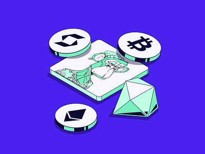 Crypto illustration with coins and jewels bitcoin crypto illustration isometric nft