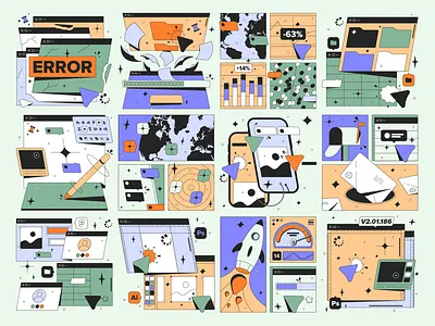 Big illustration set for the Flowbase 2d 404 app case study commercial design digital error flowbase illustration kapustin location mail pack rocket set speed transfer vector webflow