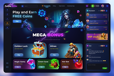 Purple Strike – Online Casino banners branding casino dragon entertainment figma gaming igaming landing neon slots spins ui ux webdesign
