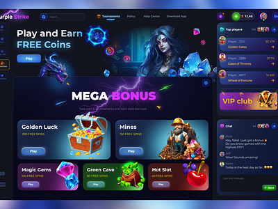 Purple Strike – Online Casino banners branding casino dragon entertainment figma gaming igaming landing neon slots spins ui ux webdesign