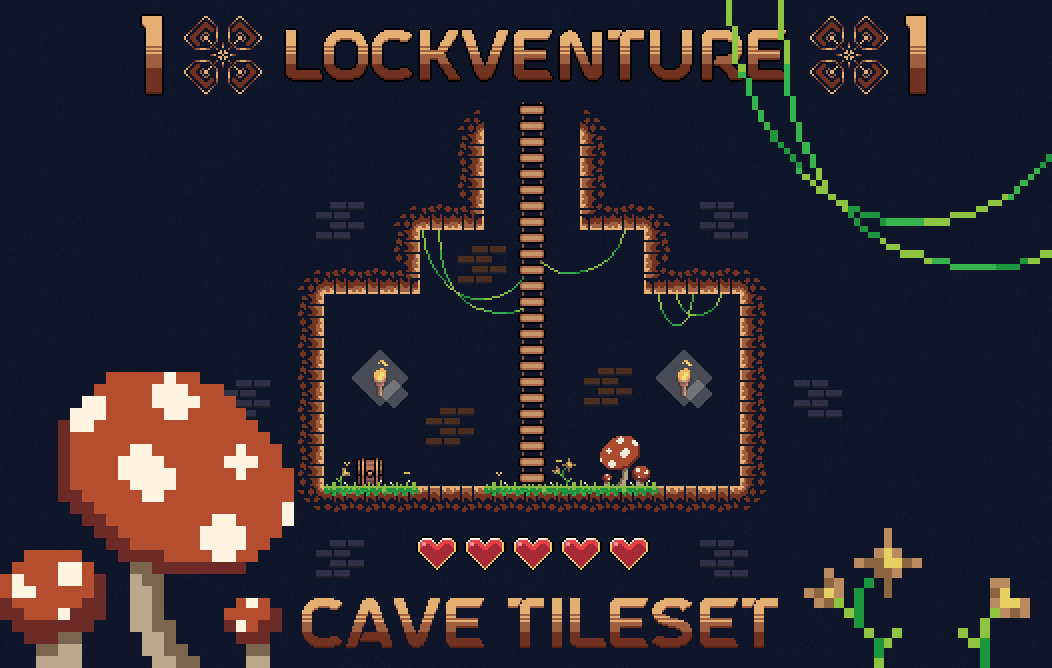 LockVenture #1 : Cave Tileset 2d animation asset pack branding design gui humblepixelofficial inventory pixel art platformer png sprites ui unity