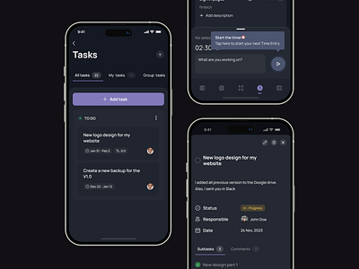 Time & Task Tracking App app design dark designer ios mobile app task app task list task manager tasks time tracking to do list ui ui app ux
