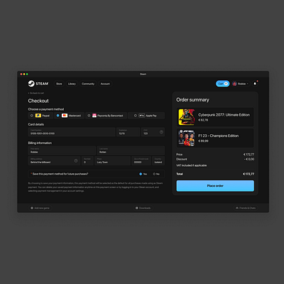 Daily UI #002 - Steam checkout page card clean concept dark dark mode dark ui design ecommerce figma gaming made in figma payment popular steam ui