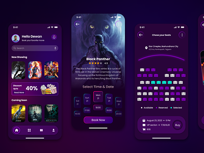 Movie Ticket App adobe xd app app design branding dark mood design figma graphic design illustration logo mobile app movie prototype ticket ui ui design ux ux design web werframing