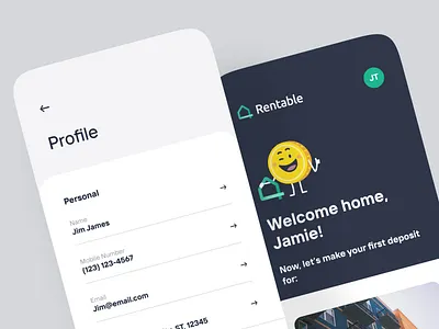 Rentable profile screen & onboarding welcome screen mobile onboarding profile profile screen properties responsive settings ui ux