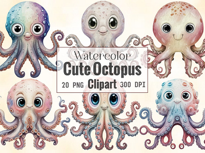 Watercolor Cute Octopus Clipart sea shells clipart