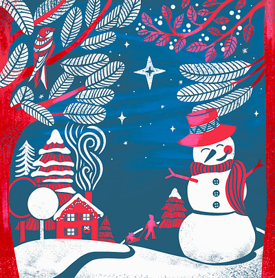 Snow Day bird cabin christmas fireplace graphic design holiday illustration logo scarf sledding snow snowman snowy night stars winter