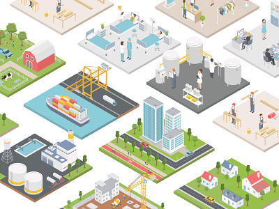 Isometric World building business character city construction ecology factory farming icons isometric medical people shopping world