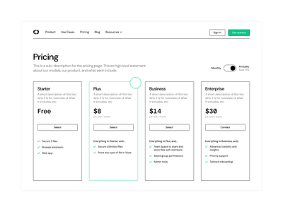 Pricing Tiers computer concept design desktop green lines monochromatic navigation plans plus pricing simple starter startup stroke tiers toggle ui ux website