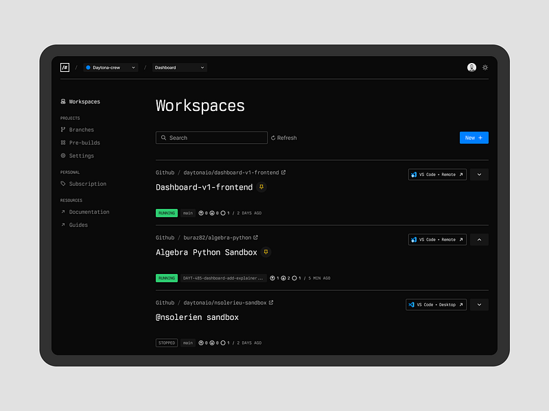 Daytona - dashboard layout code codespace container dev environment layout product sidebar ui web webapp