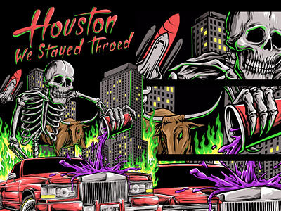 Houston - We Stayed Throed animation apparel branding cartoon character design esport fire graphic design houston illustration logo mascot merchandise motion graphics skeleton tshirt design ui vector wildfire