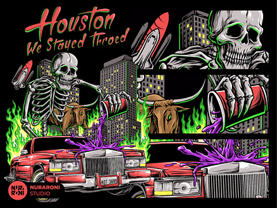 Houston - We Stayed Throed animation apparel branding cartoon character design esport fire graphic design houston illustration logo mascot merchandise motion graphics skeleton tshirt design ui vector wildfire