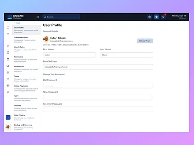Settings Page profile settings