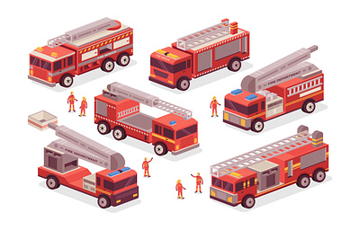 Isometric Fire Trucks Illustration character fire man fire trucks flat design graphic design illustration infographic isometric vector vehicle