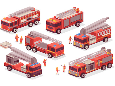Isometric Fire Trucks Illustration character fire man fire trucks flat design graphic design illustration infographic isometric vector vehicle