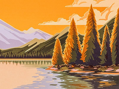 Landscape 2d camping forest hill illustration lake landscape mountain national park northwest nps pacific pine pnw retro river tree vintage works progress administration wpa