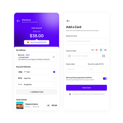 Checkout & Add Credit Card Page add card page app deisgn app ui checkout page credit card page figma ui user interface