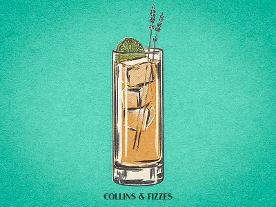 Collins & Fizzes alcohol cocktail collins drawing drink fizz glass highball illustration lavender lime retro speak easy tom vintage