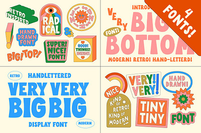 4 Hand Drawn Fonts! Very Very! Retro! 60s 70s font art font block font bold font display font font font bundle groovy font groovy retro font hand drawn hand drawn font hand lettered font handwriting font handwritten font radical retro font wonderful