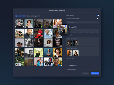 Modal window for connecting person and image card dark ui dialog window drag and drop dragdrop gallery hover state image modal window person photo search select switch tab ui