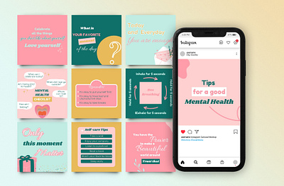 Colorful Instagram Templates for Mental Health in Canva affirmations branding bright canva colorful graphic design green instagram instagram post instagram story instagram templates mental health pink positivity quotes self care self love social media design social media posts wellness