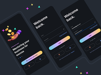 Login and Onboarding Screens ai android artificial intelligence authentication business dark gradient ios login minimalstic modern money onboarding register signin signup ui ui design ux ux design