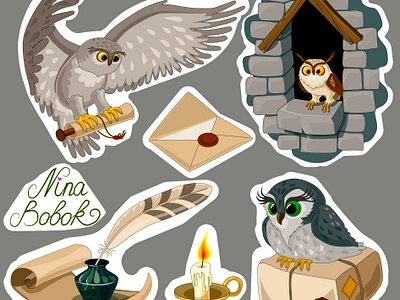 Sticker pack beautiful birds childrenbook childrensbookart harrypotter hogwarts illustrator owlpost owls sticker stickerpack vektorart vektorillustration