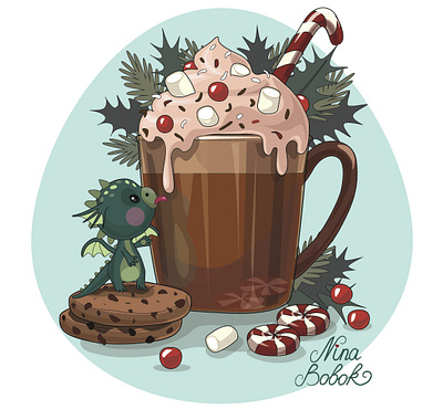 New year postcard with dragon christmas dragon greendragon happynewyear hotdrinks kakao marshmellou merrychristmas newyear postcard sweet symboloftheyear