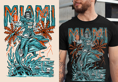 Dolphins america artwork beach bones cartoon design dolphins florida football illustration logo miami mlb nba nfl skeleton skull touch down tshirt warren lotas