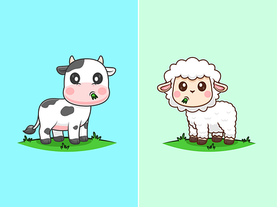 Cow and Sheep Eating Grass🐄🐑🌱 animals baby animal cow cute eating face farm food fur goat grass icon illustration logo park pet plant sheep zoo