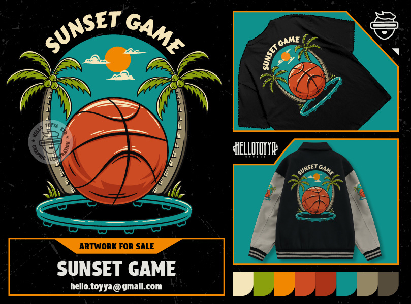 (DESIGN FOR SALE) SUNSET BASKETBALL GAME adobe illustrator apparel art artwork for sale basket ball beach branding clothing coconut customartwork design designforsale game illustration logo merchandise streetwear sunset tshirt design vintage
