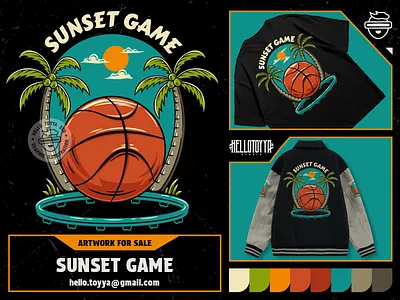 (DESIGN FOR SALE) SUNSET BASKETBALL GAME adobe illustrator apparel art artwork for sale basket ball beach branding clothing coconut customartwork design designforsale game illustration logo merchandise streetwear sunset tshirt design vintage
