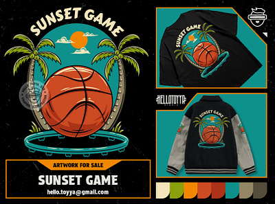 SUNSET BASKETBALL GAME adobe illustrator apparel art artwork for sale basket ball beach branding clothing coconut customartwork design designforsale game illustration logo merchandise streetwear sunset tshirt design vintage