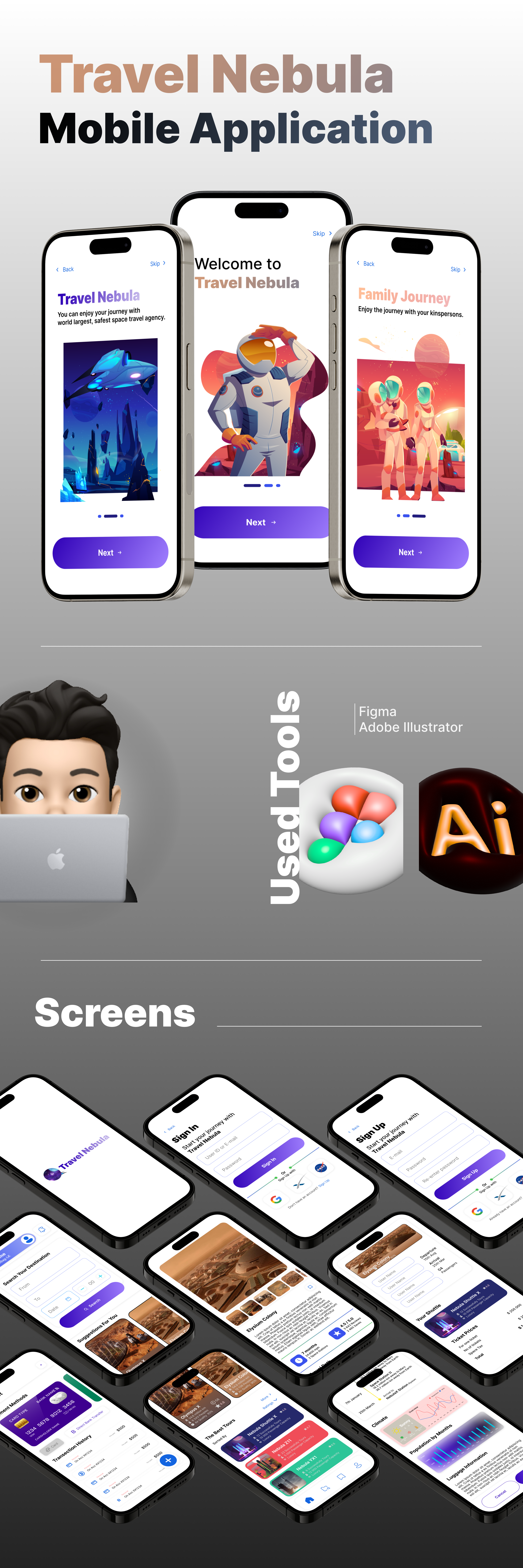 Travel Nebula Mobile Application 3d adobe figma illustrator mobile application mobile design prototype responsive ui ui design uiux ux design web design