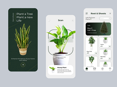 Root and Shoots, Application for plants design plant application ecommerence figma application health mobile application for plants plant home screen plant scan screen plant splash screen plants scan plants scan qr code shopping plants splash screen